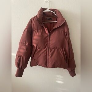 VTSGN maroon button down collared puffer jacket with cuff sleeves